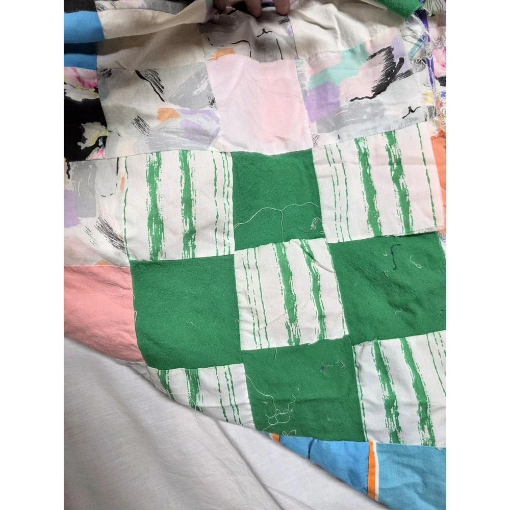 Vintage Patchwork Quilt Top 60x74 Colorful 80s Fabrics Floral Geometric